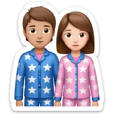 Brown haired boy with blue pajamas with stars on them and a brown haired girl with pink pajamas, and stars on them sticker