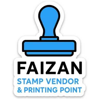 logo for 'Faizan Stamp Vendor & Printing Point', featuring a modern stamp icon, bold and professional, suitable for a printing business, clean lines, blue and black color scheme sticker