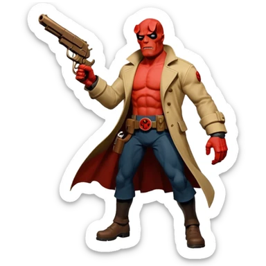 cinematic realistic superhero Hellboy by Mike Mignola jumps with a bronze pistol sticker