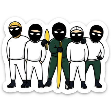group of men posing together, some wearing black ski masks sticker