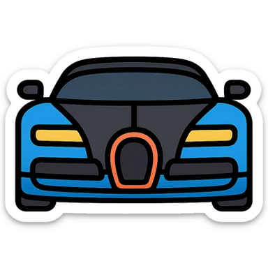 Bugatti car, front view, iconic horseshoe grille, black and blue accents, color icon style sticker