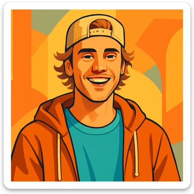 Justin Bieber illustration, casual outfit, smiling, soft lighting, friendly vibe sticker