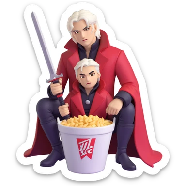 Dante from Devil May Cry sitting in a KFC bucket, red coat, white hair, rebellion sword sticker