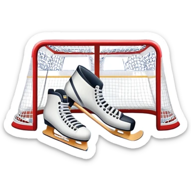 An icon showing a close-up of a hockey stick, puck, skates, and hockey net placed on the ice. The background features a packed stadium with bright lights, cheering fans, and snowy scenery outside. Transparent background highlights the key elements of the game. sticker