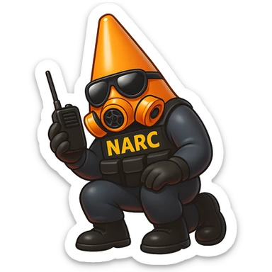 Create emoji-style variation of a pylon cone head character with a tactical vest, holding a radio, in a crouched pose. Transparent background. sticker