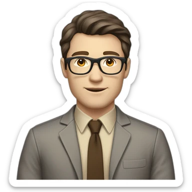 Full height Pale skinned fit man with dark brown hair in gray jacket, beige office shirt, brown tie, brown pants and vintage glasses. His right hand stretched out sticker
