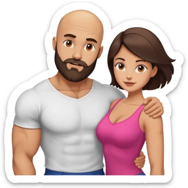 Muscular Bald man with a beard crazy in love with his young brunette wife  sticker