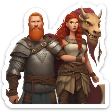 Viking red head beautiful  dragon  queen with a killed Viking solder with a man bun laying down on a dragon  sticker