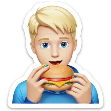 Blonde man with white skin and blue eyes eating a McDonald's hamburger, rainbow LGBT colors sticker