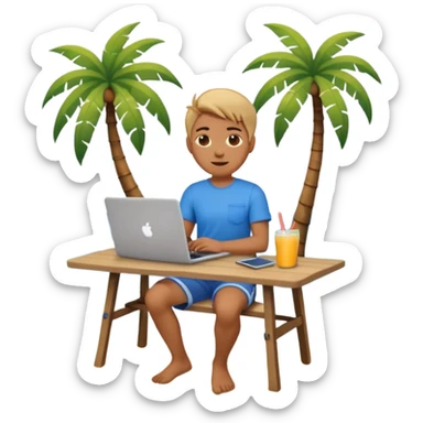 A gender-neutral emoji-style character (🧑‍💻) sitting at a small table with a laptop on the beach, palm tree and sea behind sticker