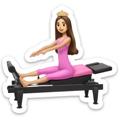 Long Brunette hair doing Pilates on reformer with pink tiara sticker