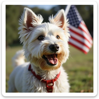photorealistic Westie dog waving a US flag outdoors on a sunny day with realistic lighting and natural fur texture sticker