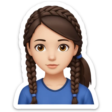 Draw me a brunette girl, with medium-length hair, dark brown eyes, and a side braid sticker