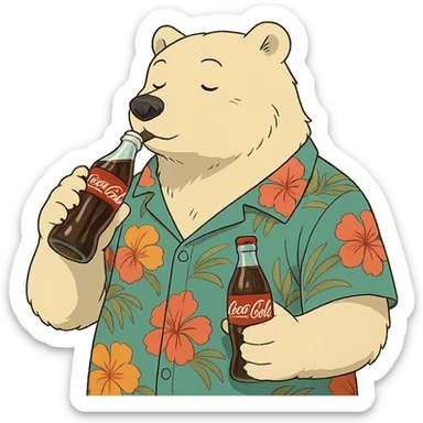 ghibli style polar bear in a Hawaiian shirt with Coke bottles, drinking Coca-Cola sticker