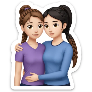 Comforting Hug two white skin women, one shorter woman with brown hair in simple top ponytail, not braided, and one taller woman with black hair in long side braid sticker