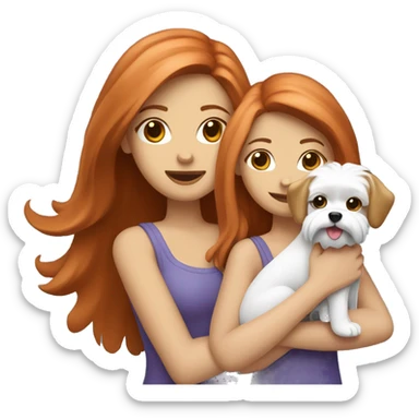 two girls, one brunette and the other blonde, are holding a red-haired maltese dog sticker