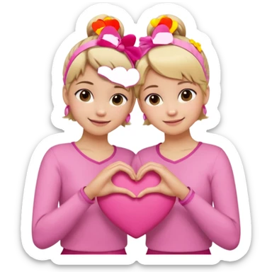 Two best friends making a heart shape with their hands together. One of them has blond hair which is shorter and the other has brown hair tied up. They are both wearing pink outfits. sticker