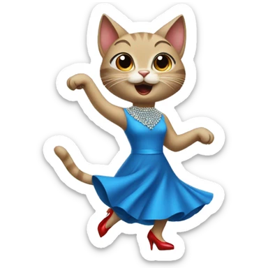 Cat dancing in a blue dress with diamond red heels sticker