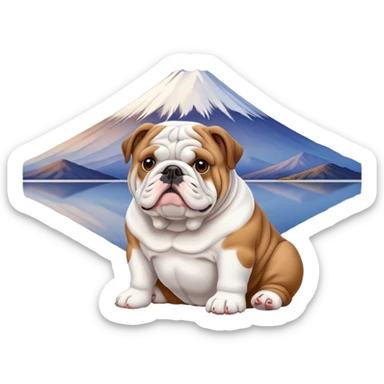 English bulldog sitting and waiting, looking at Mount Fuji sticker
