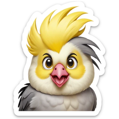 Cinematic Comical Cockatiel Portrait Emoji, Head tilted dramatically with an exaggeratedly amused expression, featuring a striking grey fur with bold yellow accents and a flamboyant crest, wide, expressive dark eyes filled with playful disbelief, Simplified yet hilariously expressive features, highly detailed, glowing with a slightly sassy glow, high shine, dramatic yet playful, stylized with an air of cheeky mischief, bright and endearing, soft glowing outline, capturing the essence of a spirited and over-the-top cockatiel, so meme-worthy it feels like it could side-eye its way into internet fame instantly! sticker