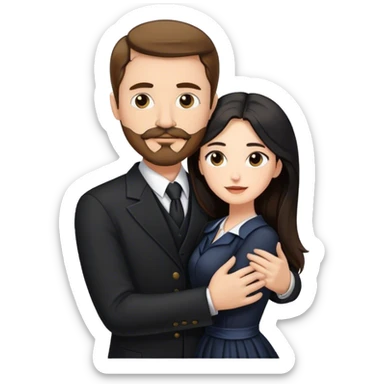 tall white man with brown hair goatee mustache hugging a pale woman with long black hair, wearing formal clothing sticker