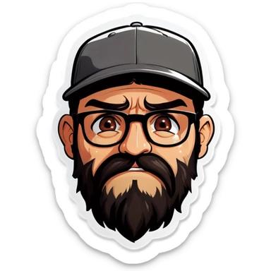 A man with a grey baseball cap, hazel eyes, big dark brown beard and glasses, crying with tears sticker
