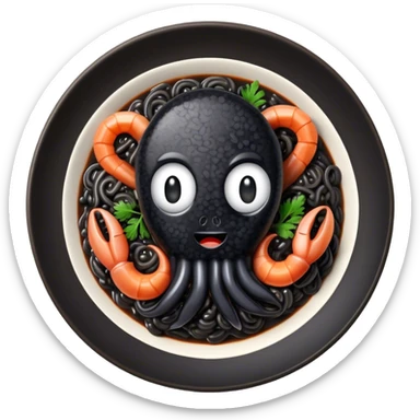 Cinematic Realistic Black Risotto Dish Emoji, showcasing a rich squid ink-infused risotto rendered with bold textures and dynamic, dramatic lighting. sticker