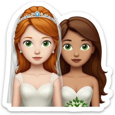 A ginger woman with blue eyes, marrying a taller woman with very dark brown hair and green eyes, both in wedding dresses. sticker