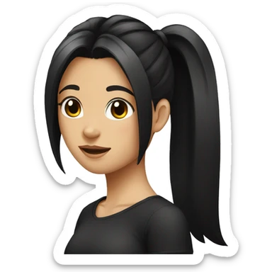 girl with black hair in a ponytail and a black shirt sticker