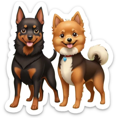 Doberman Pinscher and Pomeranian Spitz standing side by side. The Doberman has a sleek black and tan coat with alert ears, while the Pomeranian has a fluffy orange coat and a joyful expression. Beautiful natural background, with a clear blue sky and green grass. Transparent background. sticker