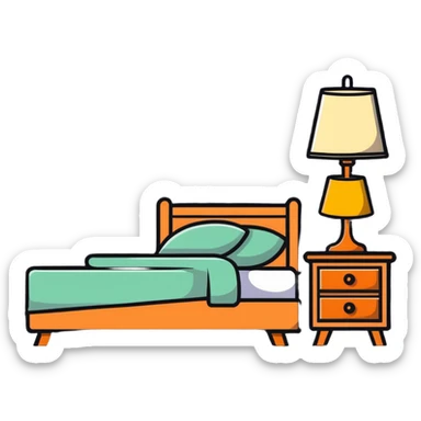 Cozy bedroom with bed, nightstand and lamp sticker