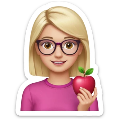 Chanel Oberlin, blonde hair, brown eyes, glasses, acne, dark eyebrows, pink outfit, apple emoji style sticker