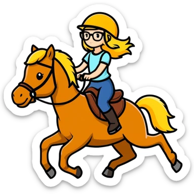 Blonde haired girl riding a dark horse wearing glasses and a helmet sticker