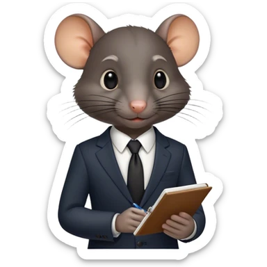 a very black rat in a suit taking notes in a small notebook sticker