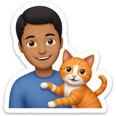 Brown guy with black hair playing with orange cat sticker