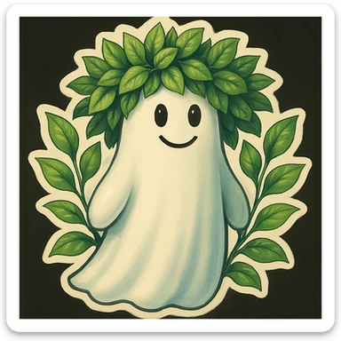 Make the leafy wreath on the ghost's head denser with more leaves close together, matching the original illustration style and colors. Keep the ghost and background unchanged, only make the crown fuller and less sparse. sticker
