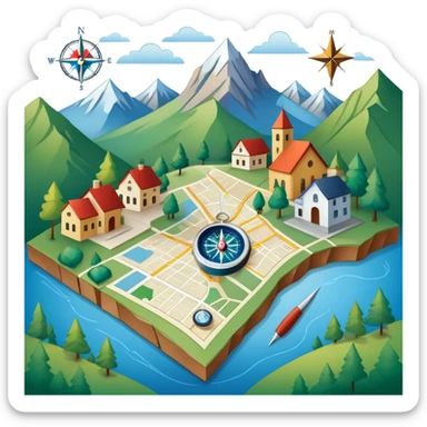 An icon featuring a local map, a compass, and regional landmarks, symbolizing local studies. The design includes a tree, mountains, and buildings, representing the unique geography and culture of a specific area. Transparent background highlights the exploration of local history and environment. sticker