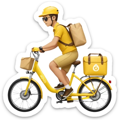 A courier on a yellow electric bike, wearing yellow and black clothes rides from left to right. On his back is a yellow food delivery bag. sticker