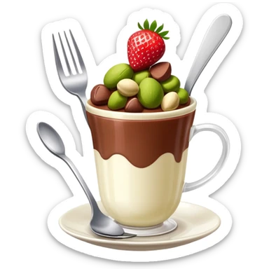 Dubai chocolate with pistachio and strawberry inside of a cup with a fork sticker