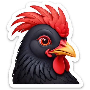 Cinematic Cute Black Chicken Portrait Emoji, Head tilted playfully and inquisitively, featuring sleek, lustrous black feathers and a vibrant red comb, round, sparkling beady eyes filled with curiosity, Simplified yet irresistibly adorable features, highly detailed, glowing with a warm, friendly glow, high shine, affectionate and lively, stylized with a touch of whimsical charm, bright and endearing, soft glowing outline, capturing the essence of a mischievous yet loving chicken, so playful it feels like it could peck out of the screen and into your arms! sticker