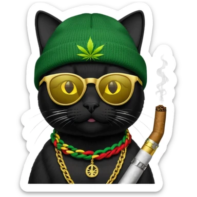 A black cat wearing the deal with it shades and a rasta beanie and smoking a joint and wearing a gold chain that says 420 and the words High Time at the top of the image sticker