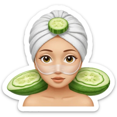 girl with her hair in a towel turban and a faks mask on and cucumber slices over her eyes at a spa sticker