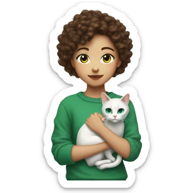 Oriental white with one eye blue one green cat on a hand of girl with brown curly hair, brown eyes in a sweater  sticker