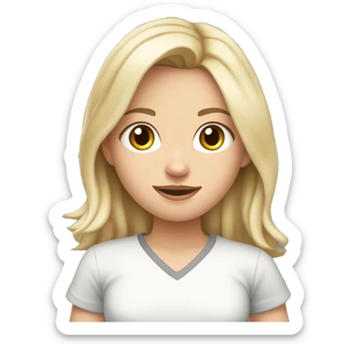 Blonde girl with medium hair length and dark brown eyes white skin wearing a grey shirt with cat pattern pants and medium height  sticker