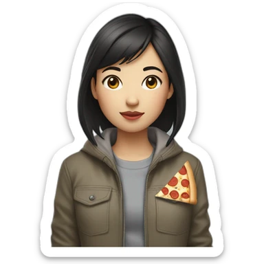 a girl of Asian appearance with short dark hair with a jacket that says: London street, eating pizza  sticker