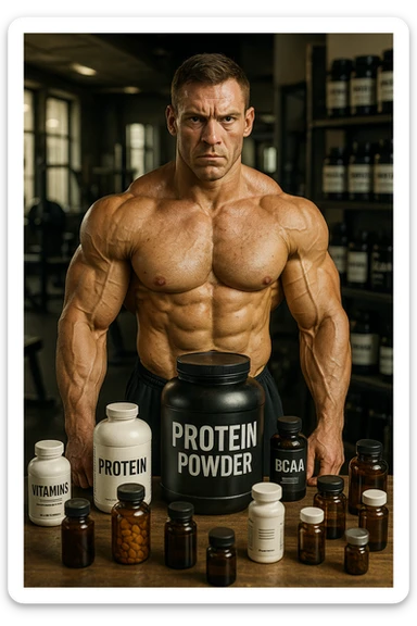 realistic muscular bodybuilder in a realistic environment, surrounded by supplements, with an expression communicating that results depend on effort, not just supplements, natural details, aspect ratio 2:3 sticker
