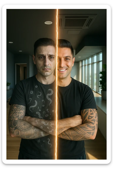 a man is depicted in two halves—on one side, he appears tired and weighed down, with faint, ghostly images of parasites visible inside his torso; on the other side, he is vibrant and healthy, with clear skin and bright eyes, the parasites gone. A visual transition or glowing line separates the two states, symbolizing recovery. sticker