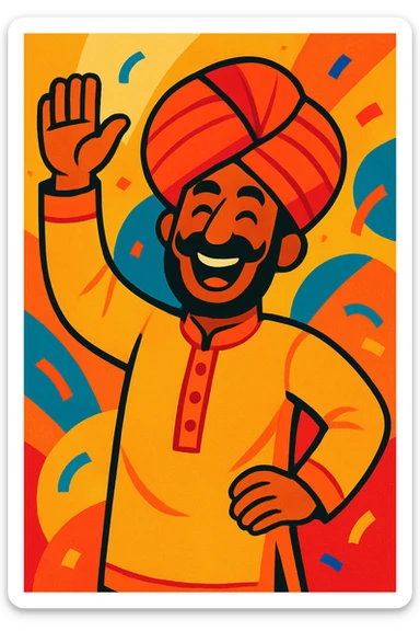 an Indian man wearing a kurta and turban, cheerful, festive look sticker