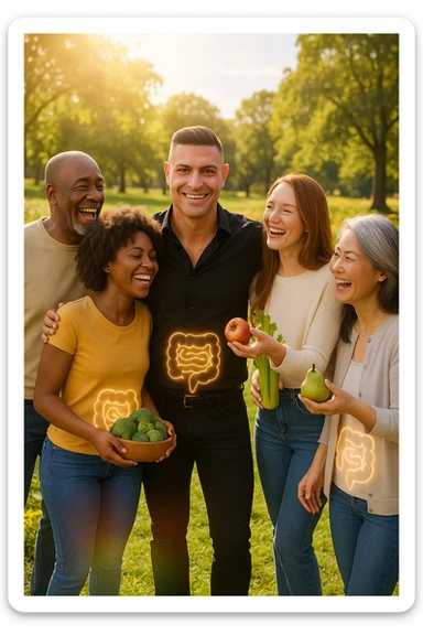  a smiling man stands at the center of a group of diverse, happy people in a bright park. Everyone has a subtle, glowing outline around their abdominal area, symbolizing a healthy gut. The group is laughing, sharing fresh fruits and vegetables, and the atmosphere is vibrant and full of energy. sticker