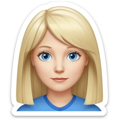 40 yr old white woman, pale skin, long straight blond hair parted in center, blue eyes, bangs sticker